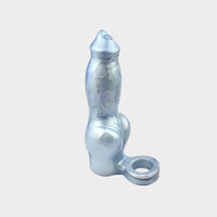 A girthy cock sleeve in silver styled like a canine.