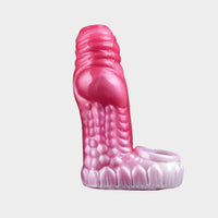 A side on view of a thick silicone cock sleeve.