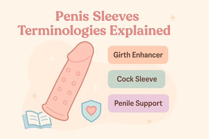 Flat pastel illustration of various penis sleeve types and components—girth sleeves, extender sleeves, textured sleeves, open-ended designs, and anchor loops—arranged on a soft background, representing PenisSleeves.co’s guide to penis sleeve terminology.