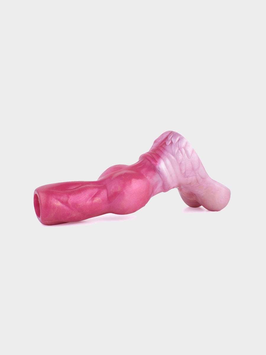 Flexible and soft silicone penis sleeve resembling a canine knot.