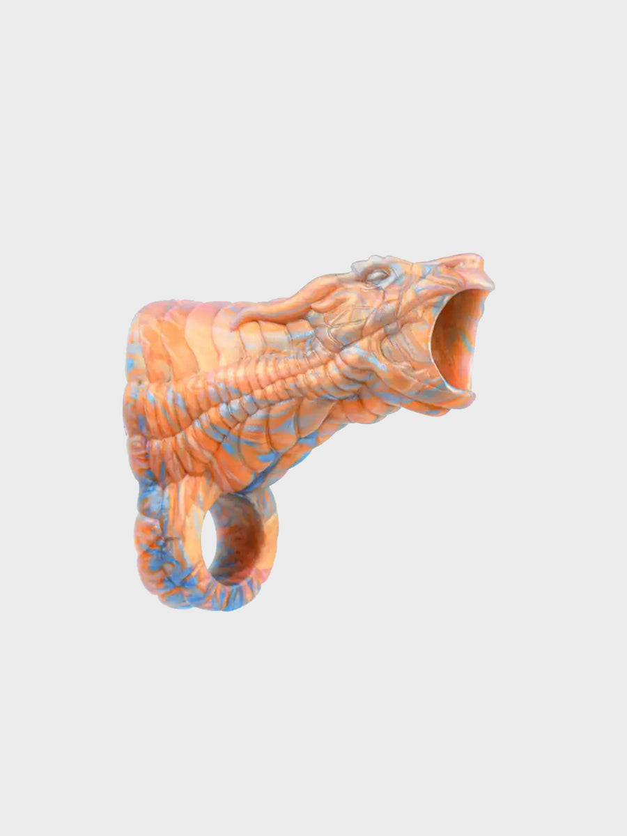 Close-up view of the Dragon’s Breath Cock Sleeve’s intricate scale textures and ridges designed for intense stimulation.