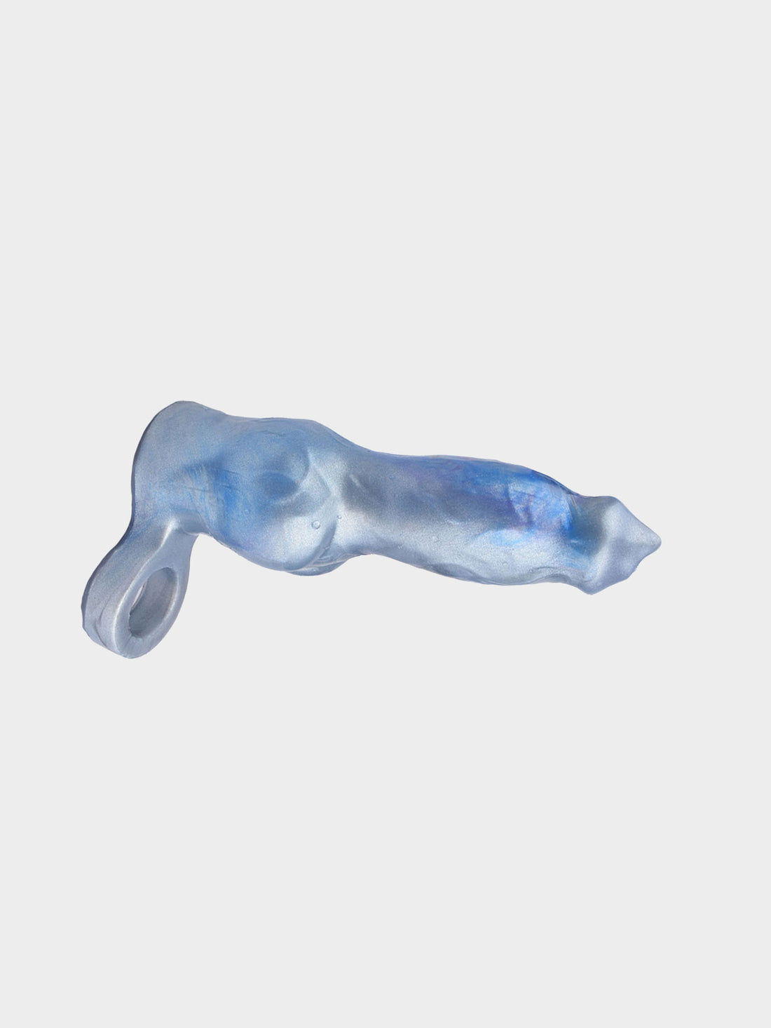 A silver silicone cock sleeve in the style of a dog.